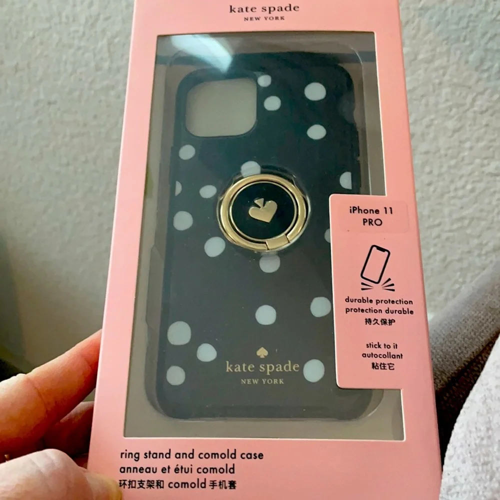Kate Spade iPhone 11 Pro case with gold emblem stand
